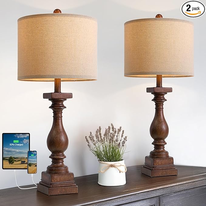BOBOMOMO 27" Farmhouse Living Room Lamps with USB-A +C Ports, Vintage Rustic Bedside Night Stand Lamps Set of 2, Linen Shade, Retro Side Table Lamps for Living Room, Bedroom (Blubs not Included)