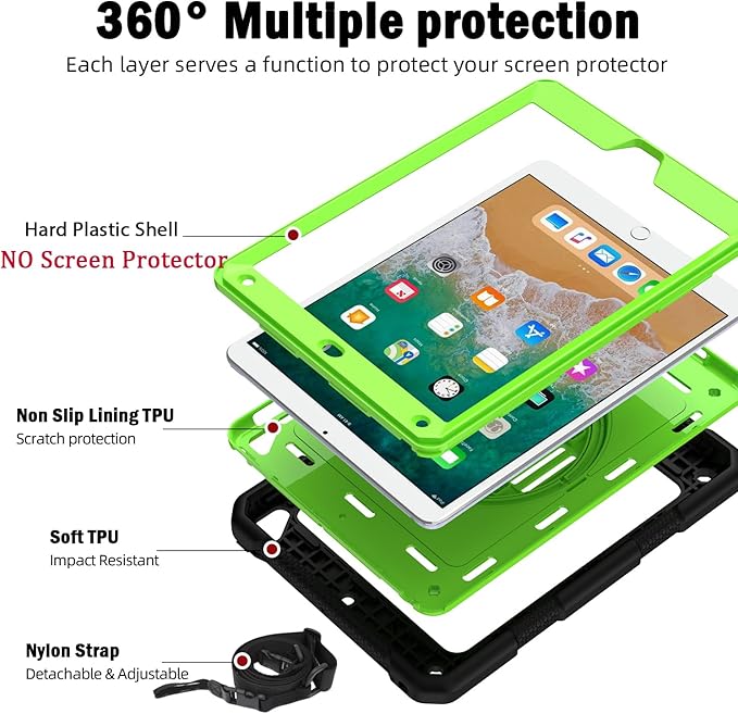 BMOUO Case for iPad 6th/5th Generation Case (9.7 inch, 2018/2017), 360°Rotating Stand, Hand/Shoulder Strap Shockproof iPad 9.7” Case for iPad Air 2, Black and Green