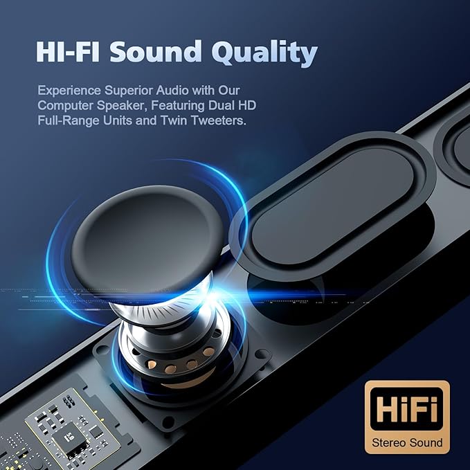 Computer Speakers for Desktop PC, 20W HiFi Stereo PC Soundbar with Bluetooth 5.3 & 3.5mm AUX, Slim Computer Sound Bar for PC Desktop, Laptop & Monitor