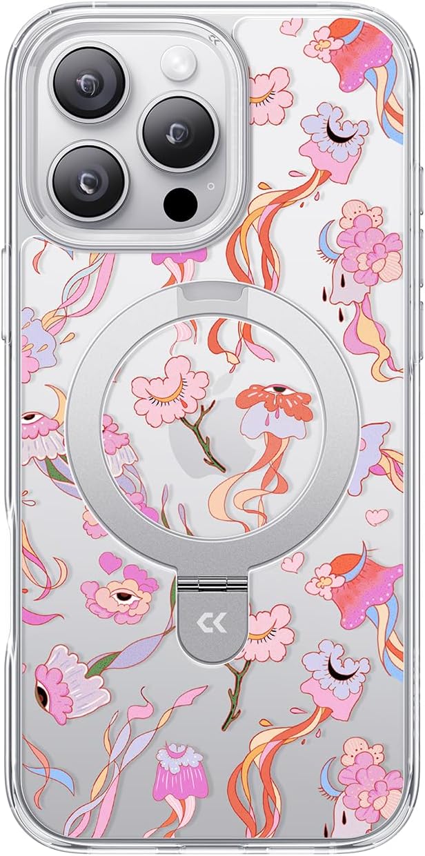 CASEKOO Floral Series [ArtCollab x Leah Han] Floral Jellyfish for iPhone 16 Pro Max Case with Magnetic Ring Stand [Compatible with MagSafe] [Military-Grade Protection] Clear Back, Soft Edge, for Women