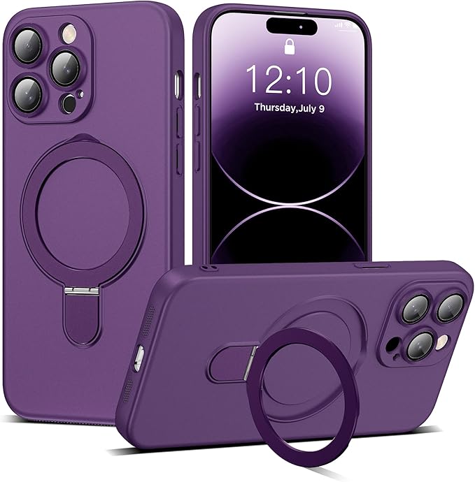 Compatible with iPhone 14 Pro Case with Magnetic Ring Stand [Compatible with Mag-Safe] [Full Camera Lens Protector] Soft Plating Phone Case for iPhone 14 Pro 6.1", Solid Purple