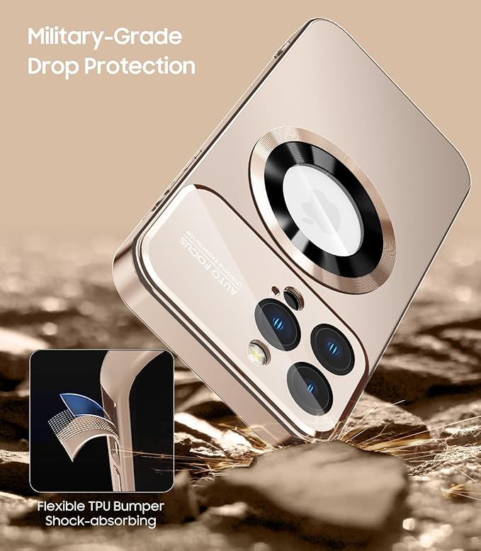 MAKAVO Magnetic for iPhone 16 Pro Max Case, Compatible with MagSafe, Built-in Camera Lens Protector, Logo View, Military Grade Drop Protection Phone Cover, Desert Titanium
