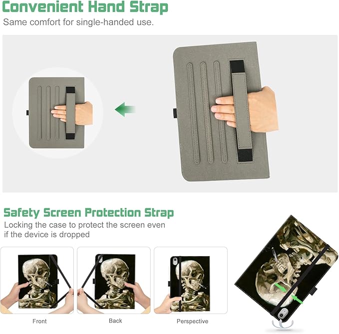 for iPad (A16) 11Th/10Th Generation Case 2025/2022, for iPad Case 11Th/10Th Generation, 10Th/11Th Gen iPadCase Cover Pencil Holder/Hand Strap/Pocket/Adjustable Stand, Halloween Skull