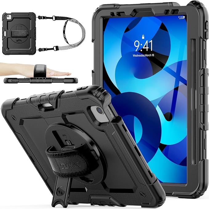 SEYMAC stock Case for iPad Air 5th/4th Generation/Pro 11 (4th/3rd/2nd) with Screen Protector Pen Holder, 360° Rotate Hand Strap/Stand Case for iPad Air 5th/4th Gen 10.9''/ Pro 11'' (Black)