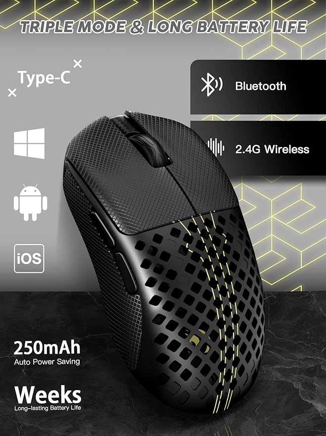 MAMBASNAKE M2 Carbon Fiber Wireless Gaming Mouse, PAW3395PRO 40K DPI, 1K Polling Rate 41g Ultralight Tri-Mode Ergonomic PC Mice, Cloud Driver AI Driver for PC/Mac/Win,Black&Tape
