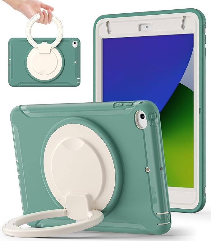 BATYUE Shockproof Case for iPad mini 4/5 (2015/2019) - 360° Multi-Angle Stand (Portrait & Landscape) & Grip, Pencil Holder (Elastic Loop), Multi-Scene for All Ages, Jade Green
