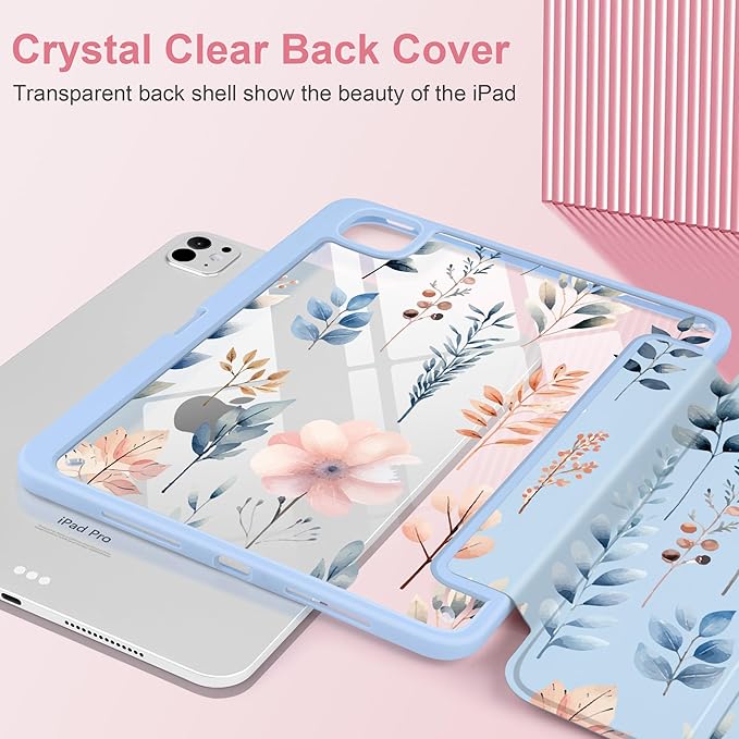 Case for iPad Pro 13 inch (M5) 2025 (M4) 2024 Release Slim Lightweight Cute Light Blue Cover with Clear Back TPU Edge Pencil Holder Trifold Stand, Hand-Drawn Leaves