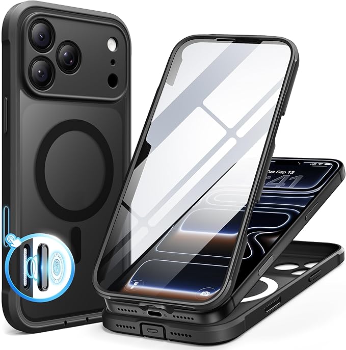 BERFY for iPhone 17 Pro Max Case, Compatible with MagSafe, Built-in Glass Screen Protector, Camera Protection, Shockproof Full Body Phone case 6.9", Translucent Black