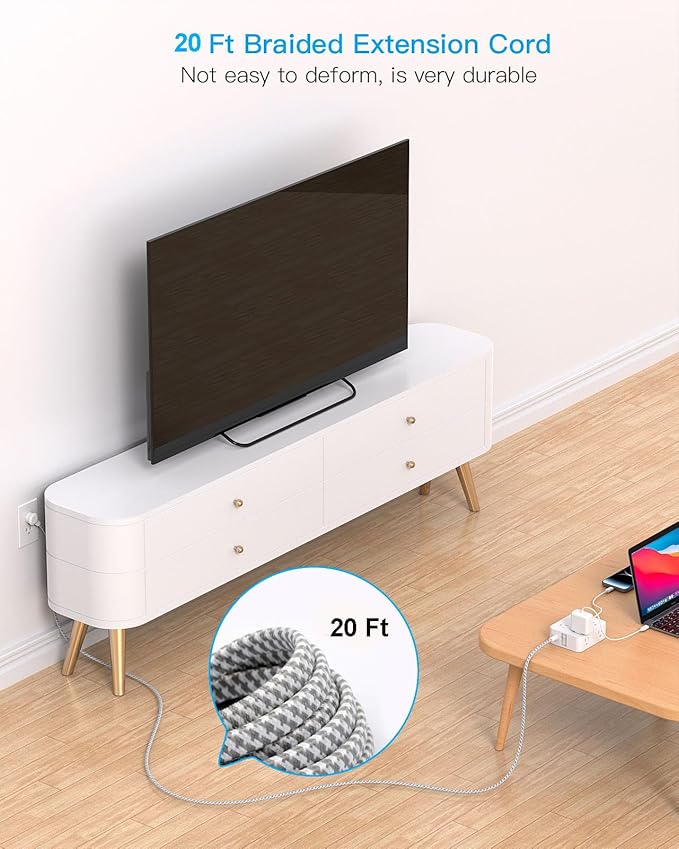 HANYCONY Extension Cord 20 Ft, Power Strip Surge Protector with 8 Outlets 4 USB Ports(2 USB C), Long Cord, Flat Plug, Wall Mount, Desk USB Charging Station for Home Office Essentials