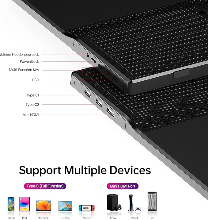 Yxk Portable Monitor 15.6 Inch 1080P USB-C HDMI Ultra-Slim Travel Monitor with Kickstand, for Laptop, PC, Mac Phone, PS, Xbox, Swich IPS Ultra-Thin Zero Frame Gaming