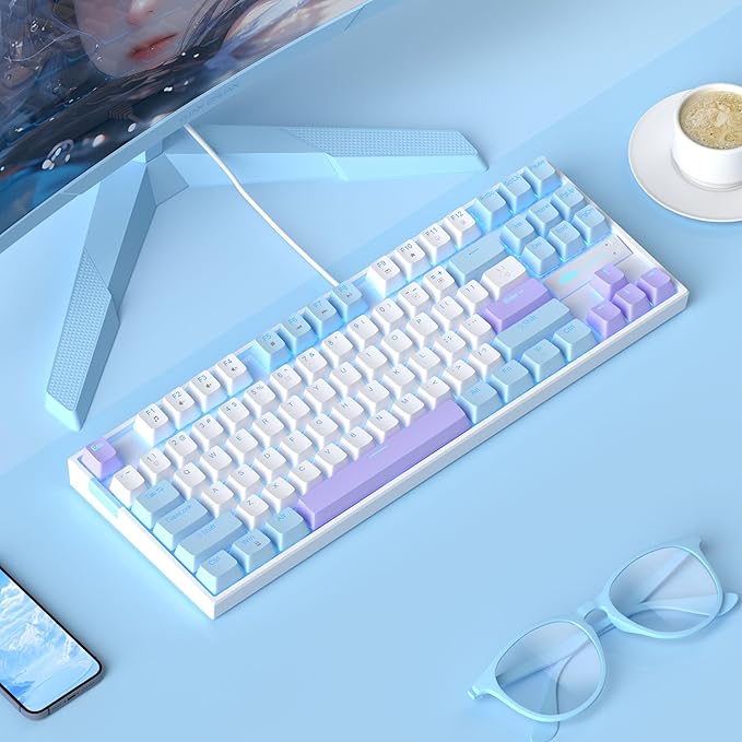 MageGee 75% Mechanical Gaming Keyboard, Red Switch, LED Blue Backlit, 87 Keys Compact TKL Wired Keyboards for Windows Laptop PC Gamer - White/Blue