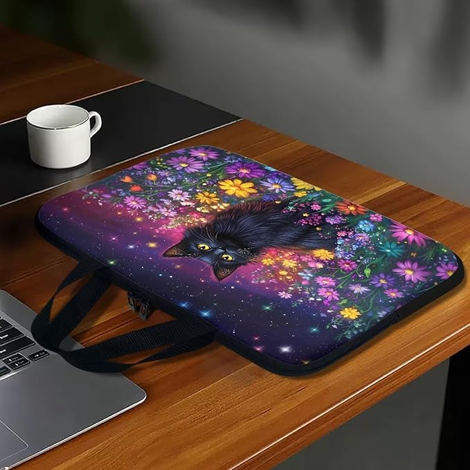 Galaxy Floral Laptop Handle Bag for Women 15 Inch Computer Protect Case Pouch Holder Black Cat Notebook Sleeve Neoprene Cover Soft Carrying Travel for 10-17 Inch Chromebook