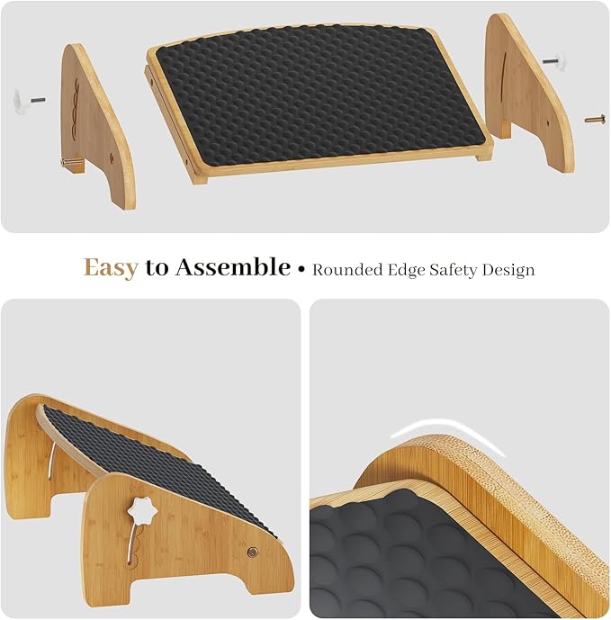 Foot Rest Under Desk, Bamboo Adjustable Footrest with 4 Angles, Ergonomic Foot Stool for Under Desk at Work, Office Non-Slip Desk Foot Rest with Massage Surface, Improves Posture