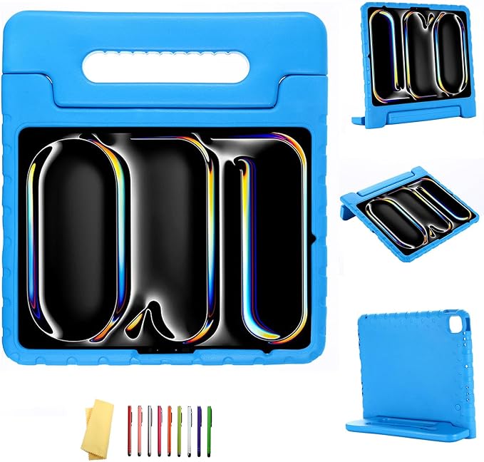 Kids Case for iPad Pro 13 inch M5/M4 (2025/2024) with Pencil Holder/Convertible Handle Stand Shockproof Slim Lightweight Cute Soft EVA Heavy Duty Rugged Kickstand Cover for Children, Blue
