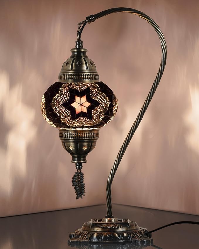 DEMMEX Turkish Moroccan Mosaic Table Lamp – Handcrafted Tiffany-Style Colorful Glass Swan Neck Bedside, Desk, Table Light, Boho Artisan Accent Lighting for Bedroom or Living Room – 15" H, Black White