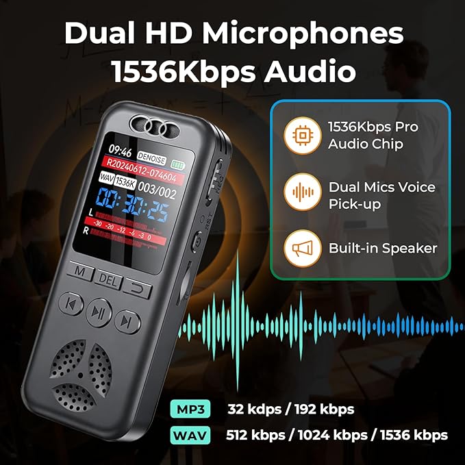 32GB Digital Voice Recorder, Small Voice Activated Recorders with Playback, 1536Kbps Audio, 70dB Noise Reduction, A-B Repeat Recording Device Portable Mini for Lectures, Meetings, Interview etc