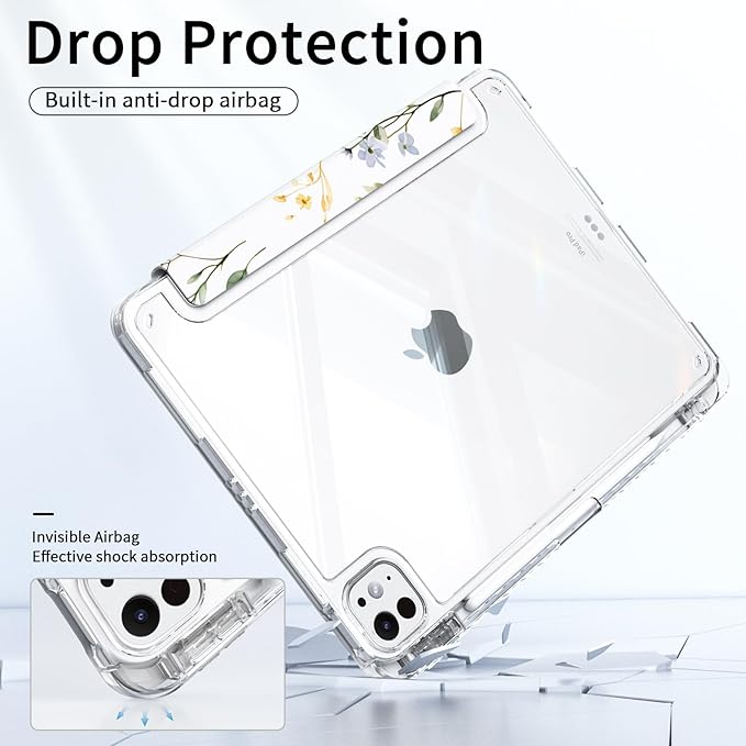 Trifold Case for iPad Air 13 Inch M4/M3/M2 (2026/2025/2024), iPad Pro 12.9 Inch 6th/5th/4th/3rd Generation Case, Pencil Holder, Slim Lightweigt, Shockproof Clear Cover, Purple Floral