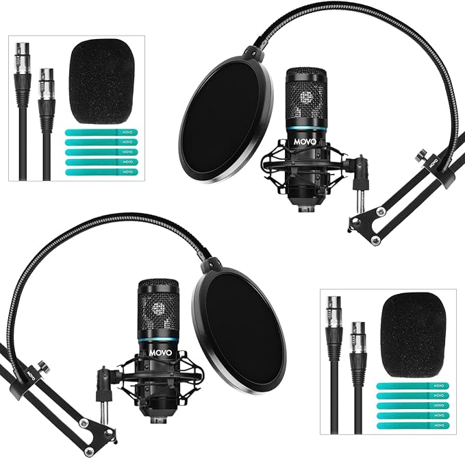 Movo PodPak2A 2-Pack Universal Cardioid Condenser Microphone Kit with Articulating Scissor Arm Mic Stand, Shock Mount, and Gooseneck Pop Filter - Podcast Equipment Set for YouTube, Podcast, Streaming