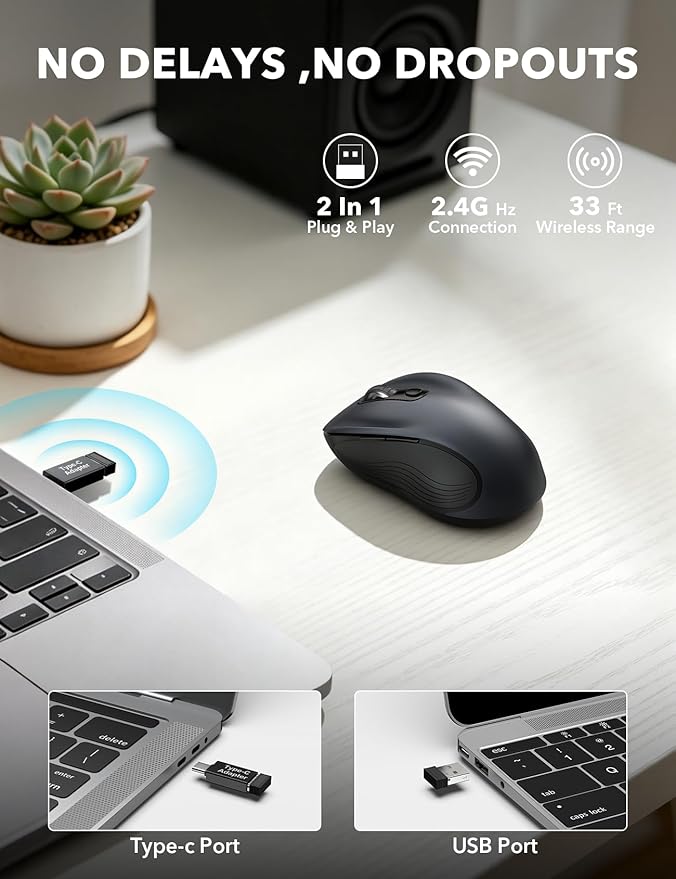 Trueque Wireless Mouse for Laptop, 2.4GHz Ergonomic Computer Mouse with Back & Forward Buttons, 3 Adjustable DPI Levels, 6 Buttons, Optical USB Cordless Mice for Windows PC, M01 (Space Gray)