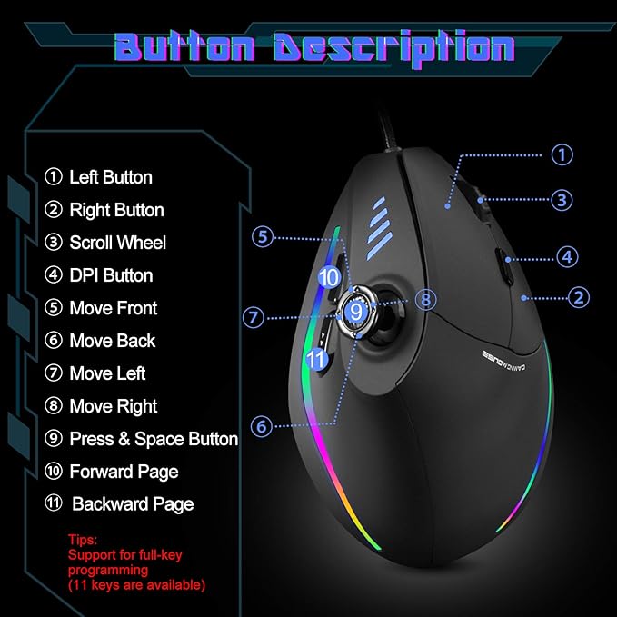 TRELC Gaming Mouse with 5 D Rocker, Ergonomic Mouse with 10000 DPI/11 Programmable Buttons, Vertical Gaming Mice Wired for PC/Laptop/E-Sports/Gamer (Black)