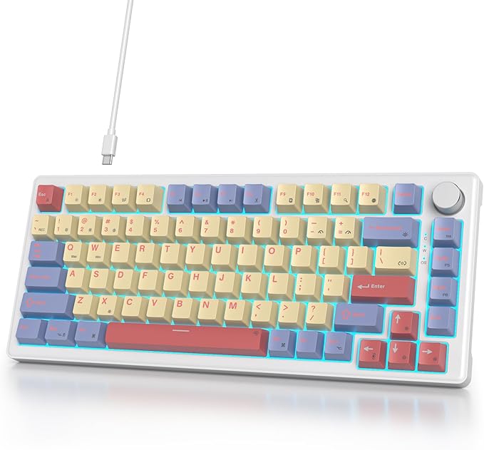 75% Wired Mechanical Gaming Keyboard, Hot Swappable Gasket Mount, White Switch, 82 Keys TKL, NKRO, Creamy for PC Laptop Windows Gamer (Marshmallow)