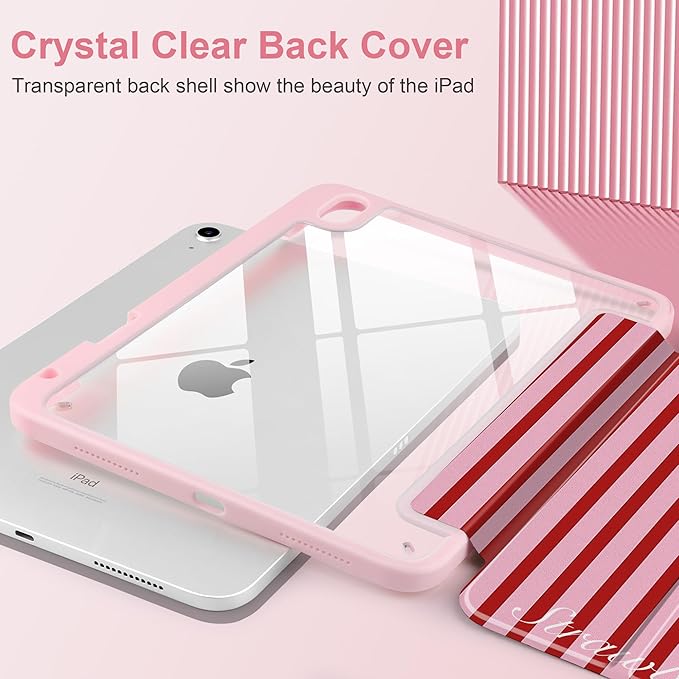 Case for iPad Air 11 inch M4 2026 M3 2025 M2 2024,iPad Air 5th (2022) / 4th 10.9 Inch Striped Trifold Cover with Clear Back Auto Wake Sleep Aesthetic Preppy Design for Girls, Red Stripe