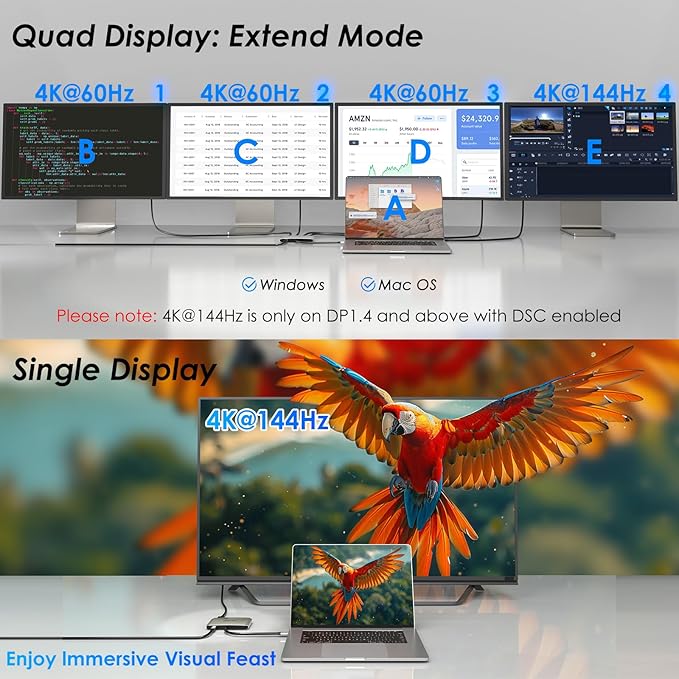 4 Monitor Docking Station, WAVLINK Quad Monitors Adapter for M1/M2/M3/M4/Macbook Neo macOS, 140W PD in, 4 HDMI, Quad 4K Output, SMI Driver & Host USB3.2 Gen 2 Required