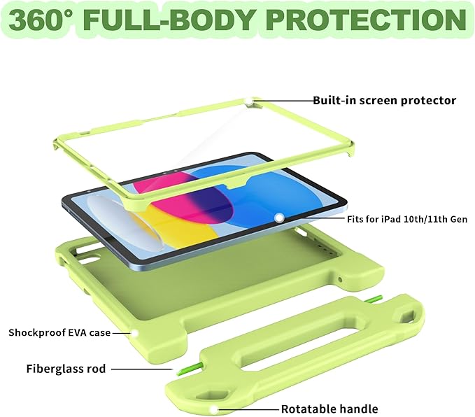 YIHE Kids Case for iPad (A16) 11th Generation 11 Inch 2025 & iPad 10th Generation 10.9 inch 2022, with Built-in Screen Protector and Handle Stand, Full Body Shockproof Protective Cover, LightGreen