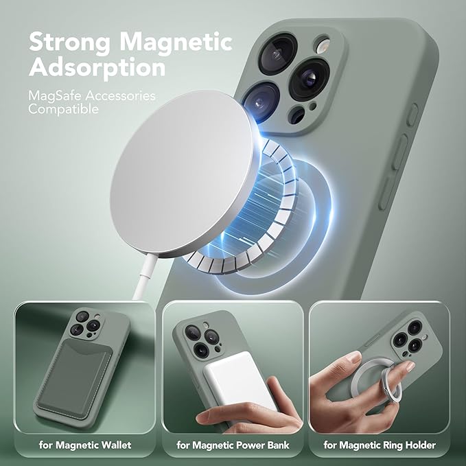 Magnetic for iPhone 14 Pro Case, Compatible with MagSafe, [Full Camera Protection][Screen Protector] Silicone Shockproof Protective Phone Case for iPhone 14 Pro 6.1", Calke Green