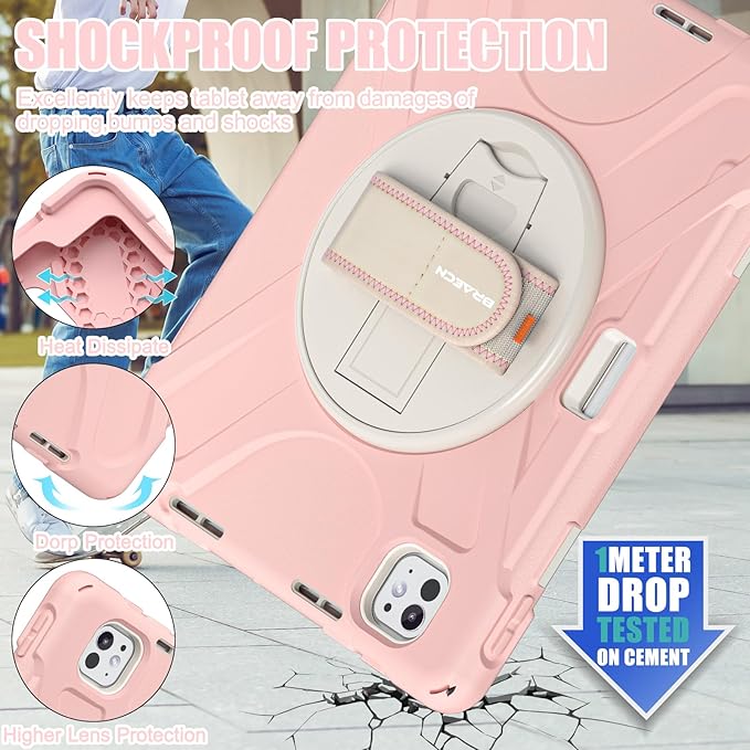BRAECNstock Kids Case for Apple iPad Pro 11 inch M5 2025/ M4 2024, Shockproof Protective Case with Pencil Holder, 360° Rotating Hand Strap & Stand, Shoulder Strap for iPad Pro 11 M5/M4, Sakura Pink