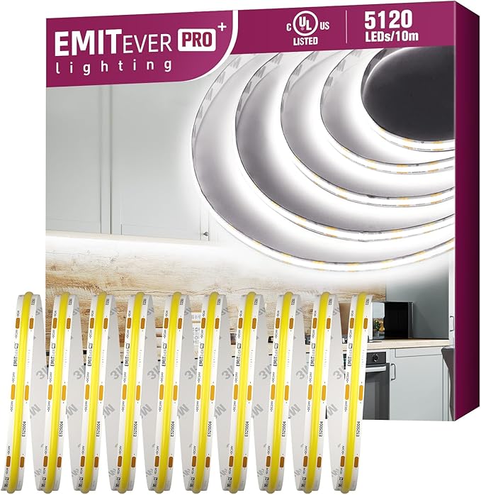 EMITEVER COB LED Strip Lights White, 5000K Tape Light Premium High Density, DC 24V, 360+Lumens/ft, 5120LEDs/Spool, Ra 90+, 32.8ft/10m, UL Listed 5 Year After-Service(Power Supply Sold Separately)