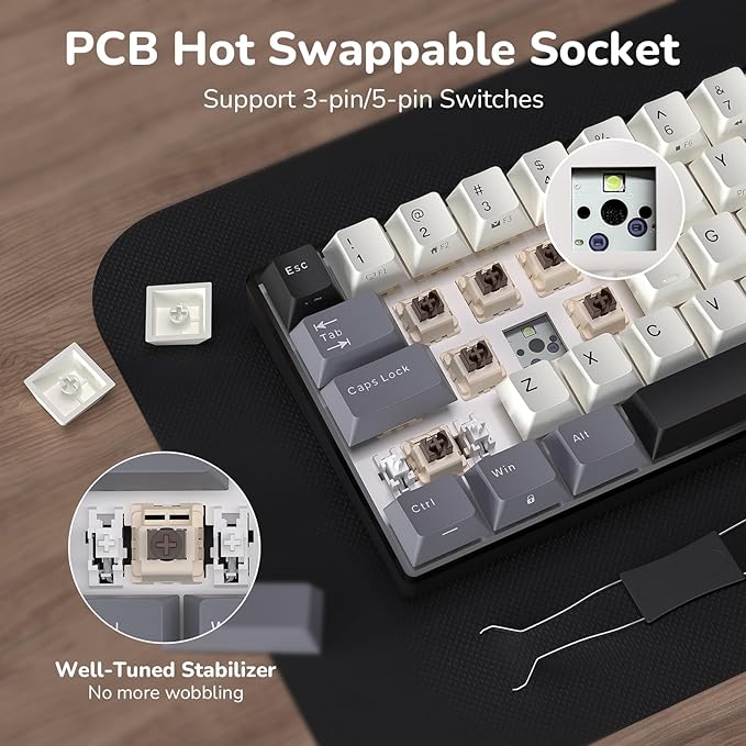 RK ROYAL KLUDGE RK61 Wireless Mechanical Keyboard, 60% Triple Mode BT5.0/2.4G/USB-C Compact Gaming Keyboard, PBT Keycaps, Pro Software, Hot Swappable Custom Switches