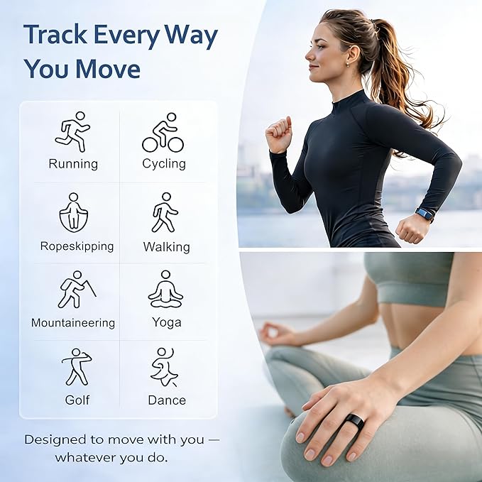 Smart Ring Health & Fitness Tracker for Men & Women, Heart Rate, SPO₂, Sleep & Activity Monitoring, IP68 Waterproof, Long Battery Life, Family Care Mode, No Subscription Fee (Black, 8)