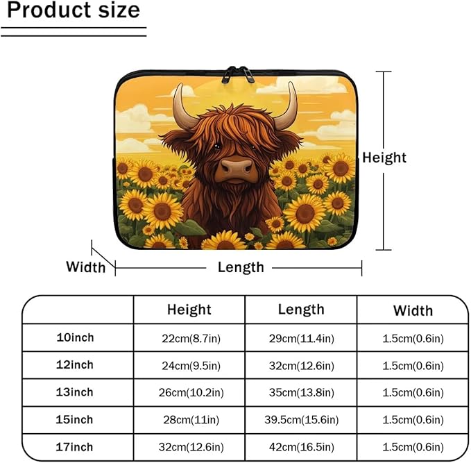 Highland Cow Laptop Protective Sleeve for Women 15inch Computer Sleeve Bag Sunflower Portable Lap Top Case Suitable for Travel School Office Neatly Organizers Brown