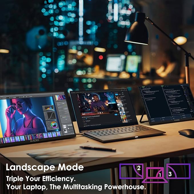 Kado Dual Portable Monitor Setup - 2-Pack 15.6'' FHD 1080p Triple Monitor Extender for Laptop and Desktop PC, USB-C HDMI Gaming Office Ultra-Slim IPS Display, 180° Kickstand Built-in Speakers