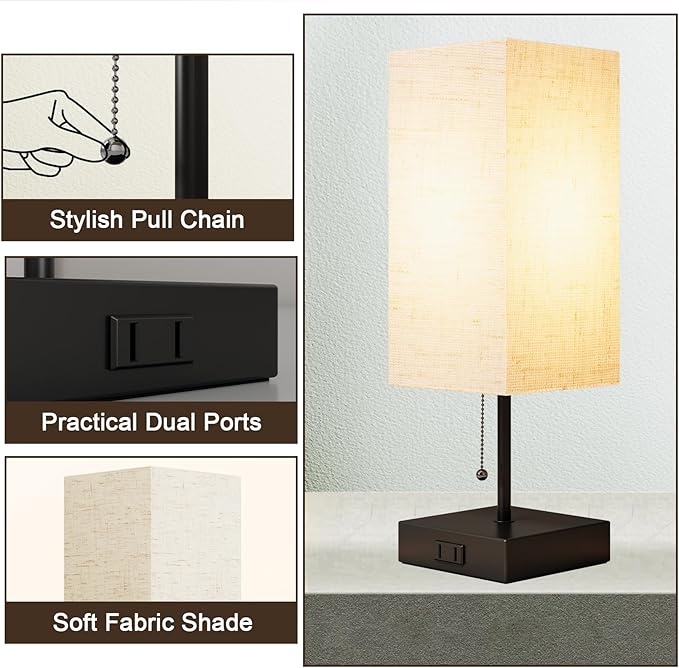 YIDPU Table Lamp for Bedroom,Nightstand Lamp for Bedside with AC Outlets,Adjustable 3color LED Light Desk Lamp for Home Decor,Included Bulb and Lamp Shade (Linen White-onlyAC, 2PCS)