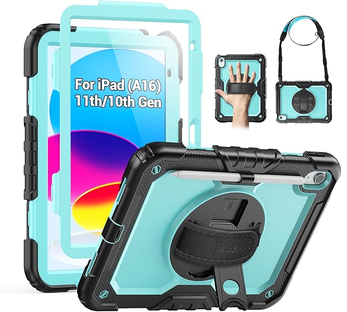 SEYMAC Case for iPad (A16) 11th/10th Generation 2025/2022 (11″/10.9″), Sturdy Heavy Duty Full-Body Shockproof Protective Case with Screen Protector, Rotating Stand, Hand/Shoulder Strap, Light Blue