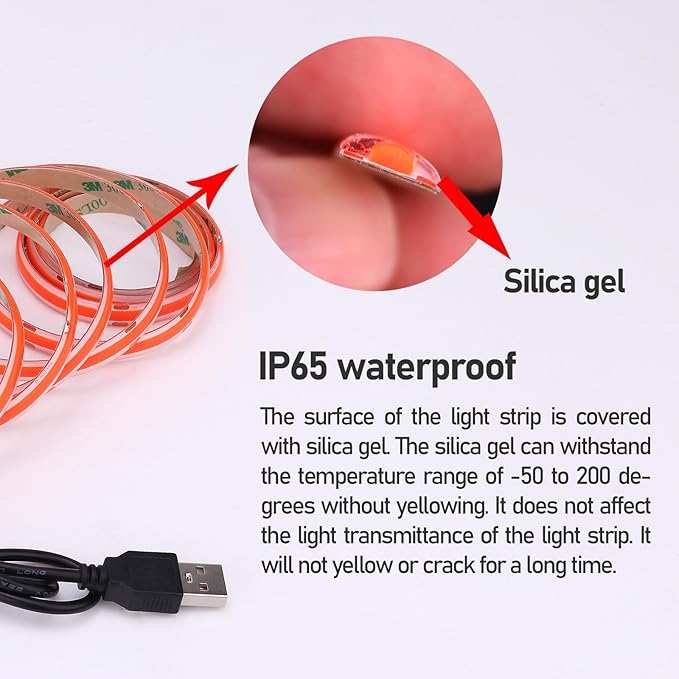 DC 5V USB COB Red LED Strip Light Dimmable IP65 Waterproof USB Powered 6.6ft/2M 640LEDs with Dimmer High Brightness Flexible LED Tape Lights
