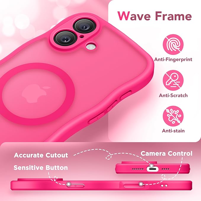 CAPRARO for iPhone 16 Case for Women Girls, Upgraded [Full Camera Protection] [Compatible with MagSafe] Cute Wave Translucent Matte Phone Case for iPhone 16, Hot Pink