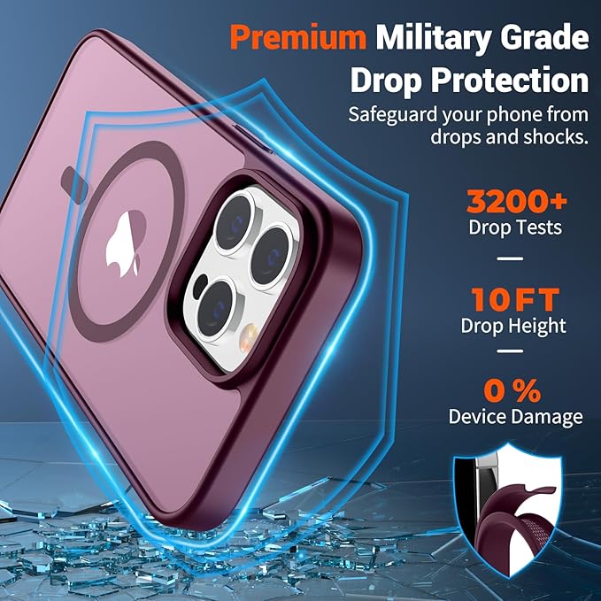 SUPFINE Magnetic for iPhone 14 Pro Max Case (Compatible with MagSafe) (Military Grade Drop Protection) Translucent Matte Shockproof with Anti-Fingerprint Phone Case,Wine Red