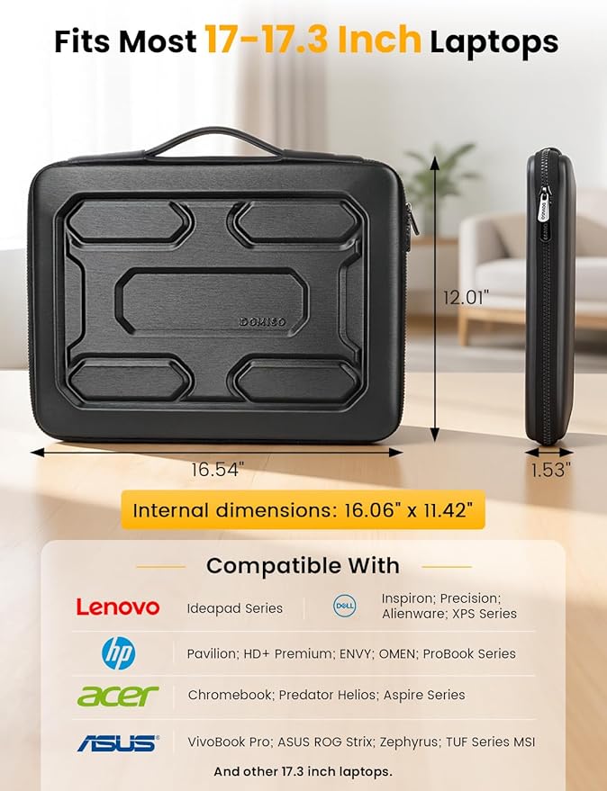 DOMISO Laptop Hard Case 17-17.3 inch Waterproof Shockproof Hard Shell Laptop Sleeve with Handle & Storage Pocket, Compatible with MacBook, HP, Dell, Black