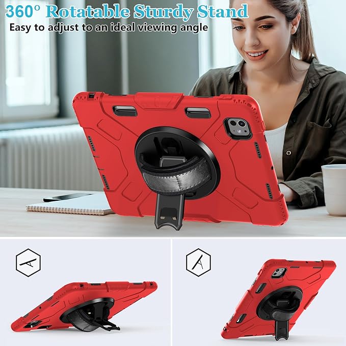 Case for iPad Pro 11 M5 2025/ M4 2024: Protective Cover for iPad Pro 11 Inch 5th Generation with Screen Protector- Stand- Handle- Shoulder Strap- Pencil Holder-Black+Red