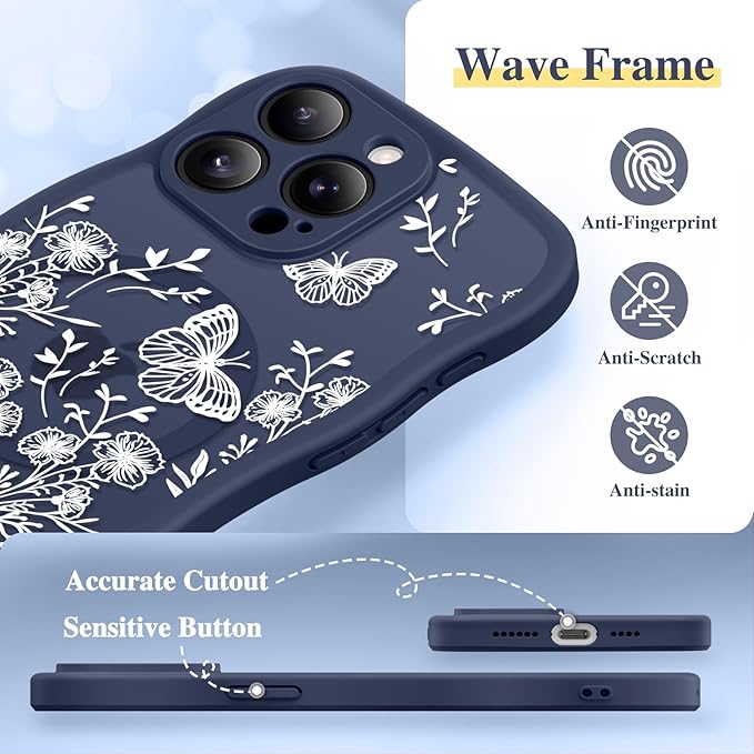 GVIEWIN for iPhone 15 Pro Max Case Compatible with MagSafe [Curly Wave Edge][Full Camera Protection] Floral Translucent Shockproof Magnetic Women Phone Case for 15 Pro Max 6.7'', Tuberose/Blue