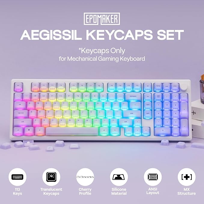 EPOMAKER AegisSil Keycap Set, Silicone Material, Cherry Profile, 113 Keys, 65%/75%/96%/Full Size, Custom Keyboard Keycaps Set for Cherry MX, Kailh, Outemu, Gateron Mechanical Gaming Keyboard (Purple)