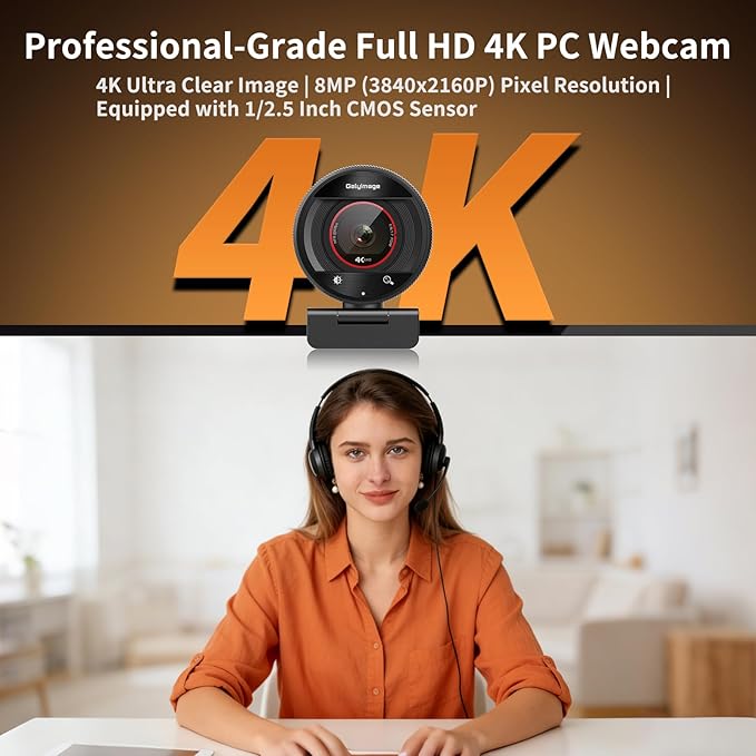4K Webcam for PC 1080P@60fps Web Cam PDAF Webcam 4K Dual Noise-Cancelling Mics & 8X Zoom 73°FOV Stream camera Plug&Play computer camera w/Privacy Cover Works with Zoom/Teams/Twitch/Google Meet