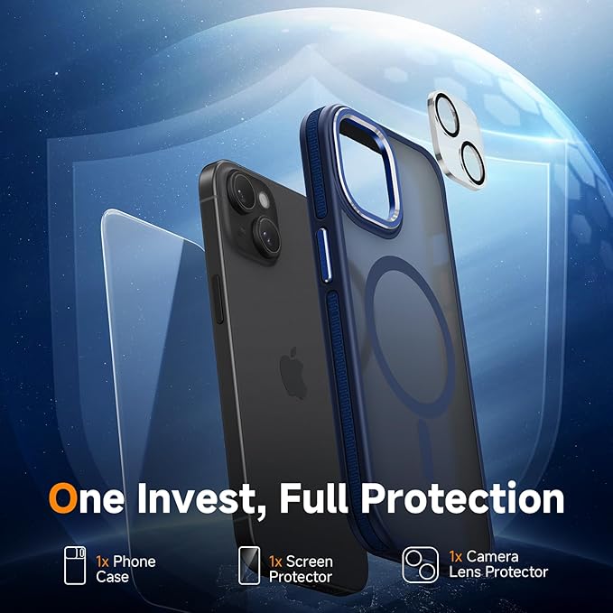 DOMAVER Magnetic 3 in 1 for iPhone 15 Case, [Omni-Directional Protection] with 1x Screen Protector + 1x Camera Cover, [Seamless Work with Magsafe] Protective Silm Case for iPhone 15 Blue