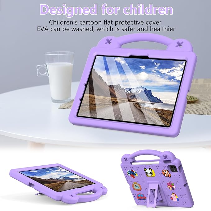 for Apple iPad Air 11 inch Kids Case M3/M2 (2025/2024) Slim Stand Cover with Pencil Holder/Handle/Kickstand Cute DIY Lightweight Cute Soft EVA Foam Shockproof Tablet Cover, Light Purple Bear