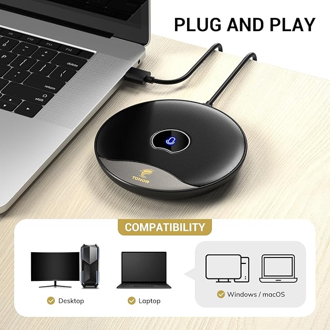 TONOR USB Conference Microphone, 360° Omnidirectional PC Computer Condenser Mic with Mute Button for Online Meeting/Class, Zoom Call, Skype Chatting, Plug & Play (TM20)