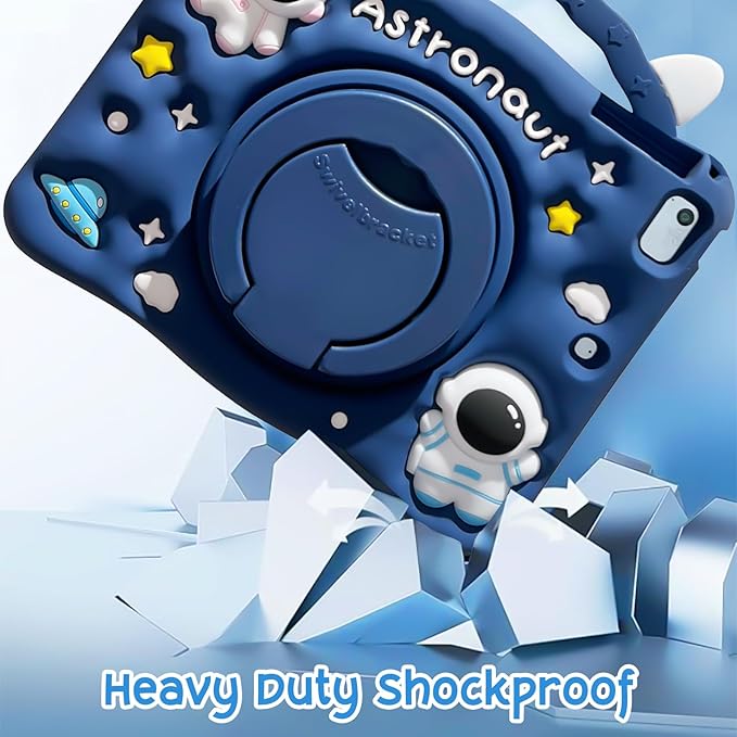 Cute Case for Apple iPad 9th 8th 7th Generation 10.2 Inch 2021/2020/2019 Model, EVA Kickstand Heavy Duty Shockproof Kids Friendly Bumper Case with Shoulder Strap Cover for iPad 10.2", Blue Spaceman