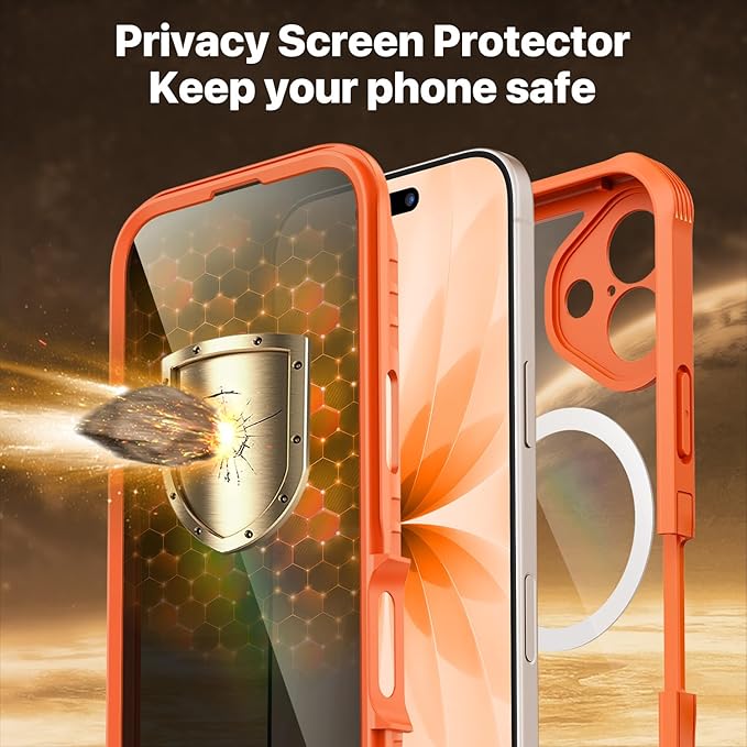 CENHUFO Magnetic Privacy for iPhone 17 Case [Compatible with Magsafe] Full Body Phone Case Built-in 9H Tempered Glass Privacy Screen Protector Camera Protection Shockproof Bumper Clear Cover -Orange